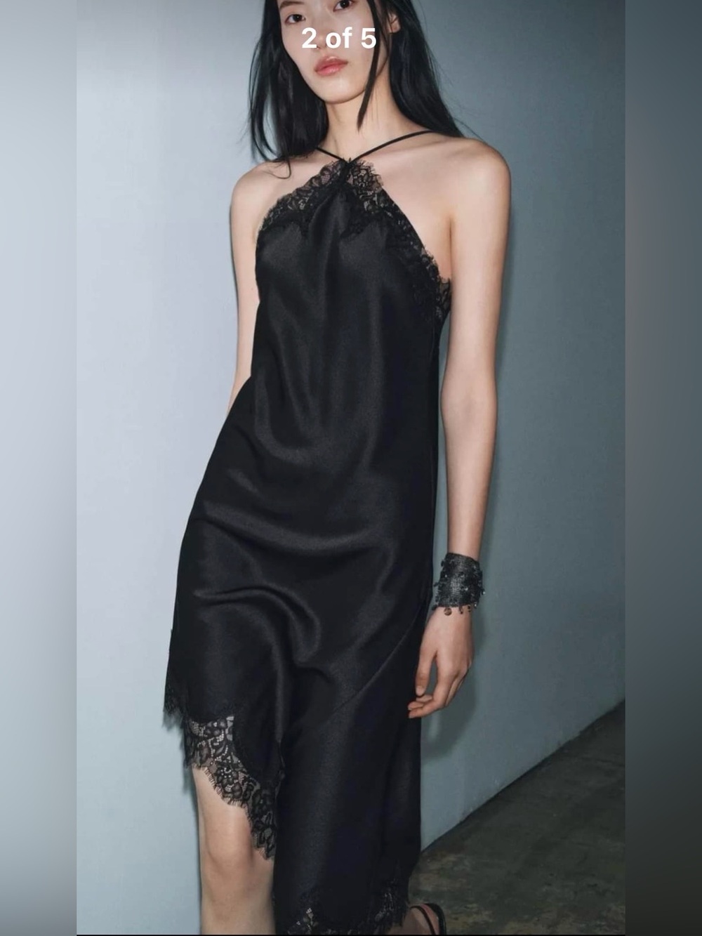 ZARA NEW WOMAN HALTER ASYMMETRIC ZW COLL. SATIN LACE DRESS BLACK 5919/201/800 - Picture 2 of 16